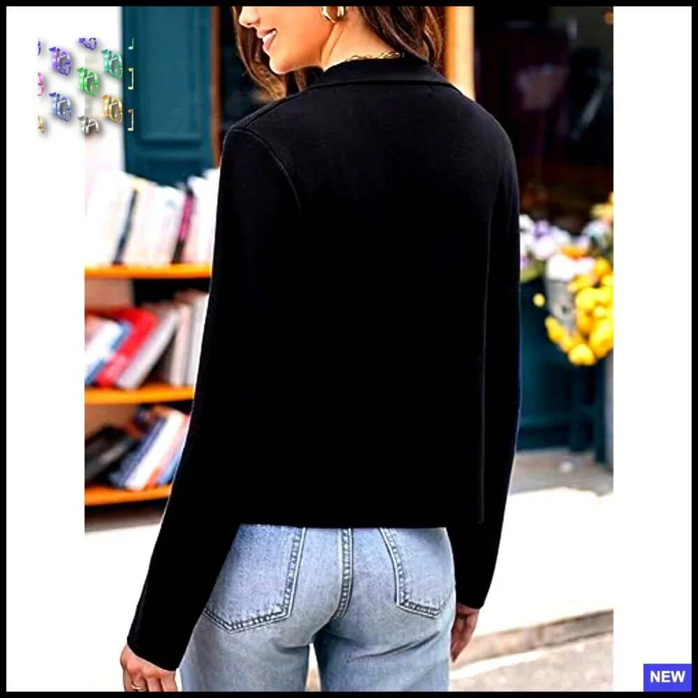 Cropped Knit Blazer Lightweight Button Front Casual Work Chic Sweater Jacket - Picture 5 of 7